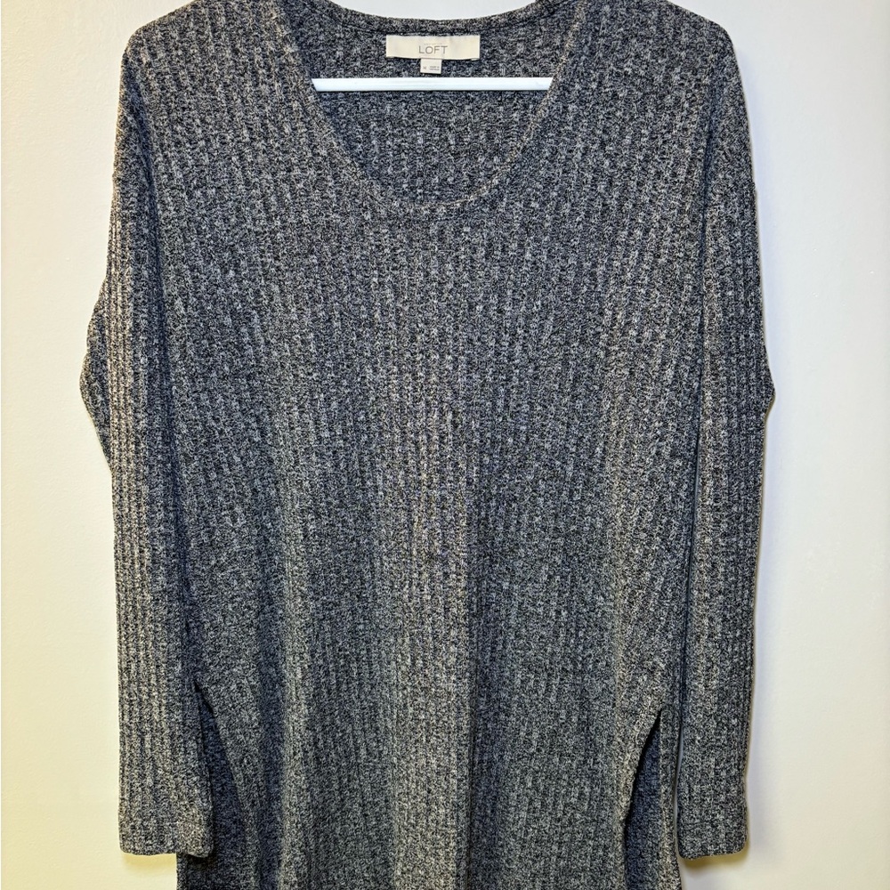 LOFT women's Cotton Knit Gray Black Marled Sweater Summer Weight Medium